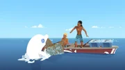 Yann (M.) und Auru (r.) verstehen nicht, wieso Delfin Zoom die Fische, die sie gefangen haben, zurück ins Meer ziehen will.
