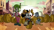 THE WONDERFUL WORLD OF MICKEY MOUSE - "Cheese Wranglers" - Mickey Mouse attempts to wrangle a prized herd across the stunning vistas of the Big Thunder Valley, but one big obstacle stands in his way, Peg-Leg Pete. (Disney+) GOOFY, MICKEY MOUSE, DONALD DUCK