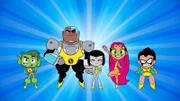 L-R: Beast Boy, Cyborg, Raven, Starfire, Robin