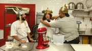 Joey, Chad and Frankie try on Viking helmets.