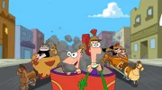 First from left: Buford Van Stomm, second from left: Baljeet Tjinder, third from left: Phineas Flynn, fourth from left: Ferb Fletcher, second from left: Isabella Garcia-Shapiro