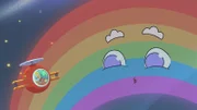 Der kleine Prinz und seine Freunde begegnen dem Regenbogen, dessen Farben ganz blass sind.