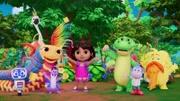 Bip Bip (l.), Flitzadu (2.v.l.), Cynthia (3.v.l.), Tico (4.v.l.), Dora (4.v.r.), Boots (2.v.r.), Grumpy Old Troll (r.)