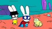 Captain Hase (l.) und Superhase (M.) erfahren von einem Frosch (r.), dass Professor Wolf seine Frosch-Geschwister entführt hat. Eine Mission für die Superhelden!