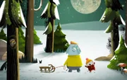 Die beiden Musifanten Opa Günter und Enkelkind Charlie gehen mit dem Schlitten durch den tief verschneiten Wald und treffen verschiedene Tiere.