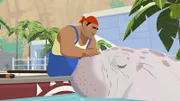 Biff (l.) ist froh, dass sein guter Freund, ein Dugong (r.), im Meeresinstitut in Sicherheit ist.
