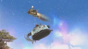 Groobie hat bei seinem Überflug mit dem Spezialmagneten am Raumschiff aus Versehen Pootles Haus in die Luft gerissen.