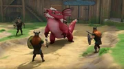 Drache Derke fühlt sich in die Enge getrieben und wird sehr wütend. Die Wikinger versuchen ihn zu fangen.