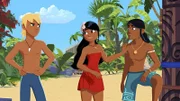 Yann (l.), Timeti (M.) und Auru (r.) beraten, was man gegen den Müll im Meer tun könnte. Yann denkt über einen Müllsauger nach.
