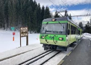 Stopp am Col de Soud. Die Haltestelle wird auch gern von Skifahrern genutzt, die von hier wieder hinauf zum Col de Bretaye fahren – die Zahnradbahn hat hier auch die Funktion eines Skilifts.