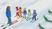Alex ist Connis Skilehrer, geduldig erklärt er Conni und den anderen Kindern, wie sie bremsen sollen.