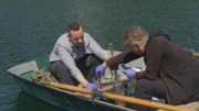 Die beiden Biologen Patrick Jung und Michael Lakatos untersuchen den Sauerstoffgehalt des Wassers im Alatsee in Bayern. Die rosa Färbung des Wassers ist auf uralte Mikroorganismen zurückzuführen, die in den sauerstofffreien Tiefen des Sees leben.
