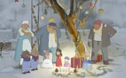 Freunde und Nachbarn treffen sich unter dem "Weihnachtsbaum" von Ernest (4.v.li.) und Celestine (5.v.li.). Alle rätseln, ob der Mäuse- oder der Bärenweihnachtsmann die Geschenke bringt.