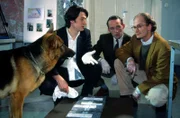 Kommissar Richie Moser (Tobias Moretti, l.) und Assistent Stockinger (Karl Markovics, M.) präsentieren dem Untersuchungsrichter (Levin Lange, r.) Rex' Spürhund-Qualitäten.