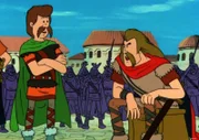 Unter der Führung von Attila dem Hunnen (r.), wird Adam (l.) aufgefordert, seinen Besitz abzugeben und in den Kampf zu ziehen.