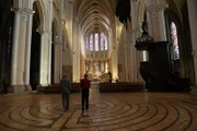 Morgan Freeman studies the Chartres Cathedral with Julio Bermudez.