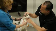 Lavigne examining a cat with it's owner.