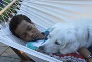 Nahas Hellmann ist mit seinem Hund Semmel während einer Grillparty eingeschlafen. Luka Kumi, Hund.
