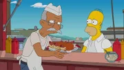 Für Homer (r.) bricht eine Welt zusammen, als in ganz Springfield ein Gesundheitswahn ausbricht. Daher sucht er Zuflucht am einzigen Ort, der noch fettiges Essen anbietet ...
