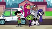v.li.: Robin, Starfire, Beast Boy, Cyborg, Raven