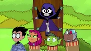 Oben: Raven. Unten, v.li.: Robin, Starfire, Beast Boy, Cyborg