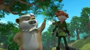 Hamster Derke (li.) übt mit Robin (re.) das Schießen mit verbundenen Augen.