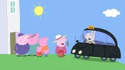 Mama Wutz, Peppa und George haben die alle Hände voller Einkaufstüten. Daher rufen sie ein Taxi von der Taxi Zentrale von Frau Mümmel.