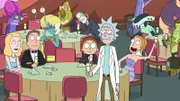 Vorne, l-r: Beth, Jerry, Morty, Rick, Summer