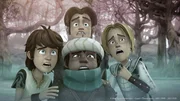Arthur, Gawain, Sagramor und Tristan erschrecken beim Anblick vom Geist des Ritters Castus.