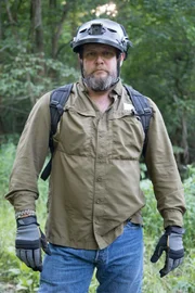 Jeff Tucker wears his helmet.