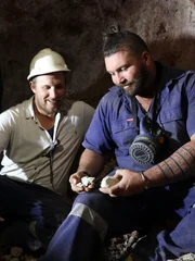 Mooka Boys team picture, in their tunnel with opal. L-R: Mathew.Kathagen and Leif Tanzer, Andamooka SA