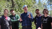 Pete Nelson and the build crew talking through the treehouse build at Angry Orchard.