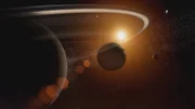 Shot of Saturn in front of frame, Jupiter in the centre and the rocky planets and Sun in the background - GFX