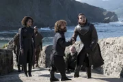 (LEFT TO RIGHT) Nathalie Emmanuel as Missandei, Peter Dinklage as Tyrion Lannister, Liam Cunningham as Davos Seaworth, and Kit Harington as Jon Snow