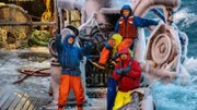 POV from the wheelhouse, Wizard crew on the cold icy deck smiling and waving up toward the camera