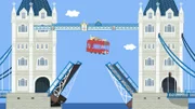 Die Queen fährt über die Towerbridge, obwohl diese noch für die Schiffe geöffnet ist.