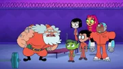 v.li.: Santa, Beast Boy, Raven, Robin, Starfire, Cyborg