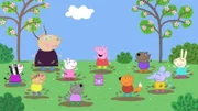 Die letzte Melodie erweckt in Peppa und den anderen schließlich den Wunsch, in Matschpfützen zu springen, und Madame Gazelle (l.) beschließt kurzerhand, die Musikstunde nach draußen zu verlegen.