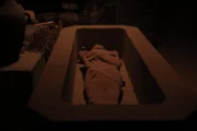 Picture shows_Drama reconstruction - An ancient Egyptian Mummy lying in its sarcophagus in a hidden tomb
