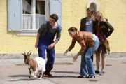 Die Ziege Frau Gregor ist abgehauen und auf der Suche nach Gregor, für den sie eine Vorliebe zu haben scheint. Von links: Florian (Tommy Schwimmer), Annalena (Heidrun Gärtner), Ludwig Brunner (Martin Wenzl) und Caro Ertl (Teresa Rizos).