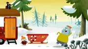 Das Rutschvergnügen endet für Opa Günter und Charlie in einer wilden Schneeballschlacht.