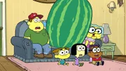 L-R: Bill Green (voiced by Bob Joles), Cricket Green (voiced by Chris Houghton), Tilly Green (voiced by Marieve Herington), Remy Remington (voiced by Zeno Robinson), Gramma Alice Green (voiced by Artemis Pebdani