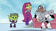 v.li.: Beast Boy, Starfire, Cyborg
