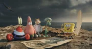 Plötzlich auf der Pelikan-Insel gestrandet: (v.l.n.r.) Mr. Krabs, Patrick, Sandy Cheeks, Thaddäus und Spongebob im Kampf gegen den fiesen Piraten Burger-Bart ...