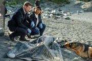 Charlie (JOHN REARDON), Sarah (MAYKO NGUYEN) and Rex (DIESEL VOM BURGIMWALD) with the victim’s body at the scene