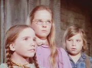 Laura (Melissa Gilbert, l.), Mary (Melissa Sue Anderson, M.) und Carl (Brian Part) bitten Charles darum, ihn auf seiner Zugreise begleiten zu dürfen.