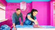 Egypt Sherrod and Mike Jackson work on their 90s dining room, as seen on Barbie Dreamhouse Challenge, Season 1.