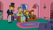 In der Weihnachtszeit geht es bei den Simpsons Homer (2.v.l.), Marge (3.v.l.), Lisa (3.v.r.), Maggie (2.v.r.) und Bart (r.) hoch her. Mit von der Partie ist natürlich auch Mr. Burns (l.), der seine eigenen Ziele verfolgt ...