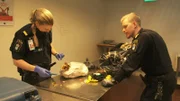 Die Grenzbeamten überprüfen den Inhalt des Pakets.