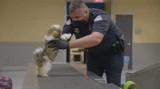 CBP-Beamter Graham hält einen Hundewelpen am Flughafen von Atlanta fest und inspiziert ihn.